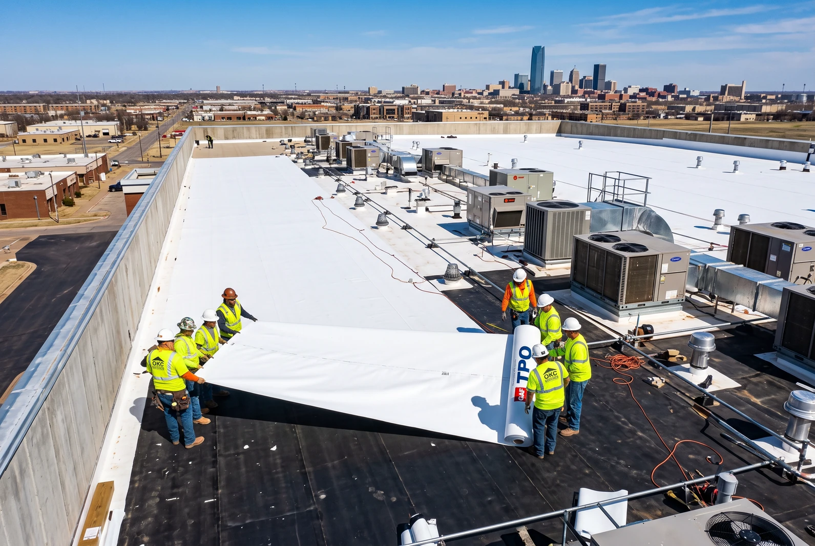 White TPO membrane commercial roof with heat-welded seams and rooftop units