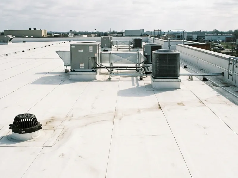 White TPO membrane low-slope roof with heat-welded seams and a drain