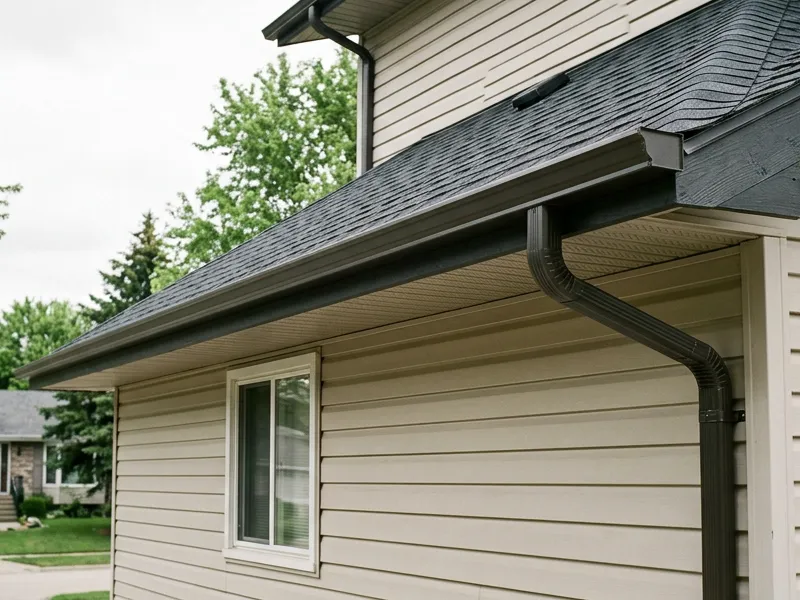 Newly installed seamless aluminium gutter along a residential roof edge with a corner downspout