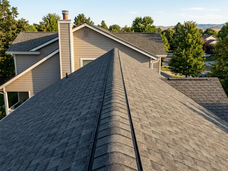 Continuous ridge vent running along the peak of a residential shingle roof under cap shingles