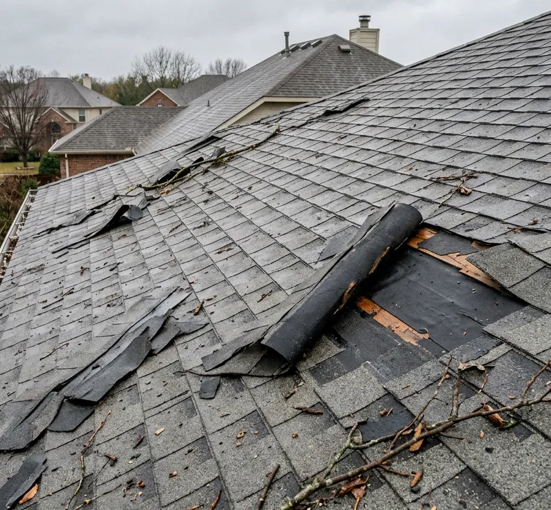 Asphalt shingles lifted and creased by wind after a storm